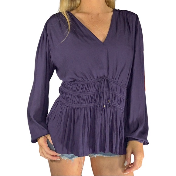 NWT* WHBM Petite Long-Sleeve Fitted Tie Waist Blouse in Cosmic Violet‎ - Picture 5 of 16